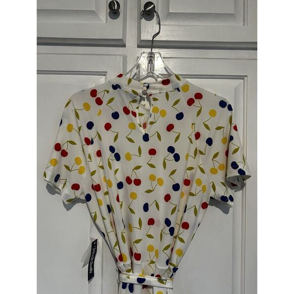 ModCloth Cherry 🍒 Print Retro Swing Dress Size Large White Colorful Belted - Picture 8 of 15